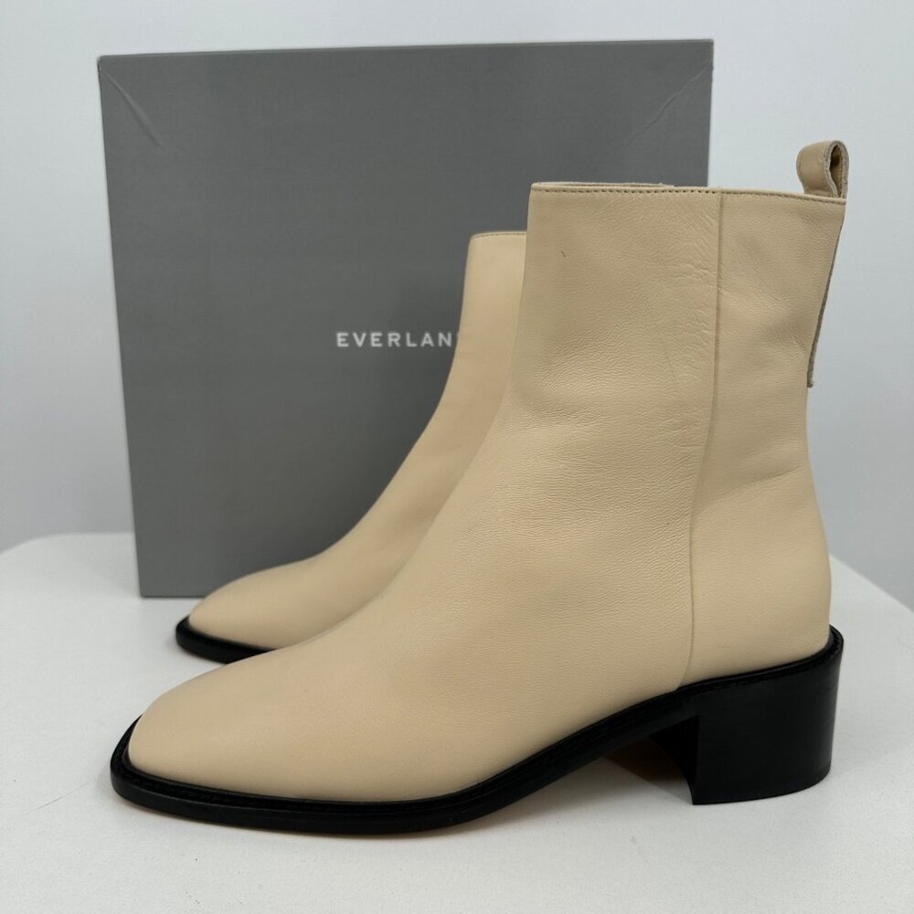 Everlane The City Boot in Cream Leather 8.5 Women's Side Zip Block Heel Ankle